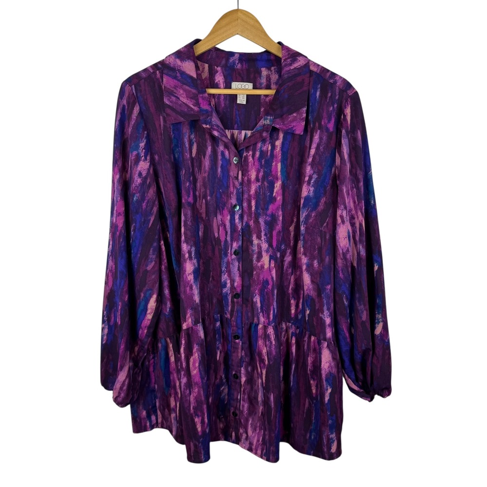 Logo Lori Goldstein Abstract‎ Button Down Shirt Size 1X Purple Artsy Boho Office